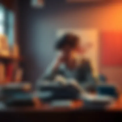 A person sitting at a table with a thoughtful expression, surrounded by books and papers, contemplating beliefs and claims.