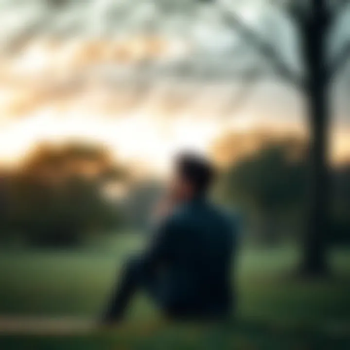 A person sitting quietly in a park, deep in thought, surrounded by nature, representing mindful contemplation.