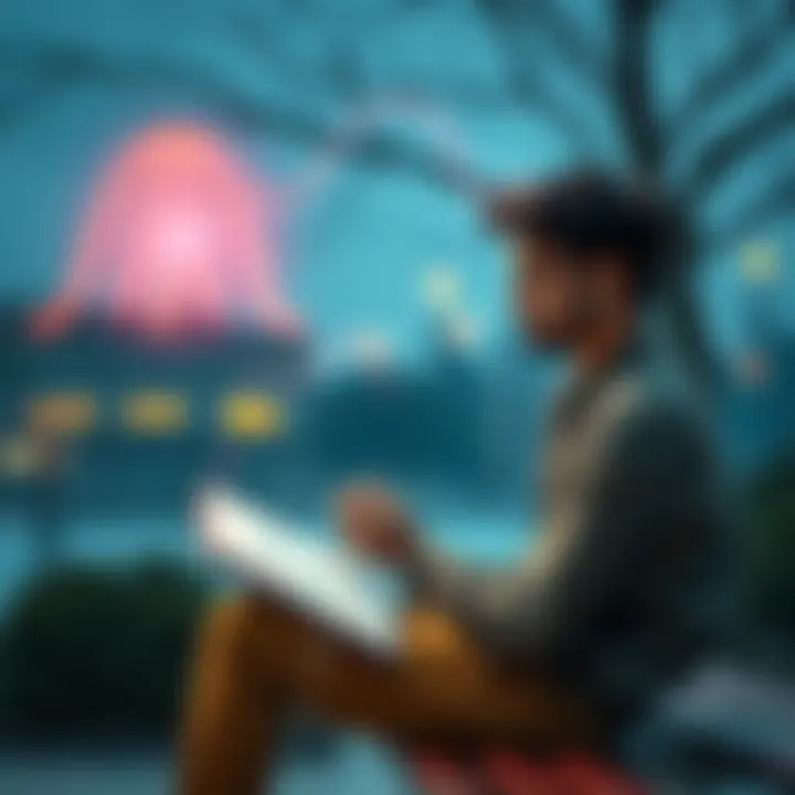 A person sitting on a bench, contemplating various ideas while looking at a notebook filled with notes.