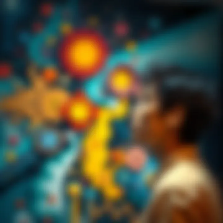 A person gazing at an abstract artwork, deep in thought, with colorful shapes and symbols around them, representing Jungian concepts.