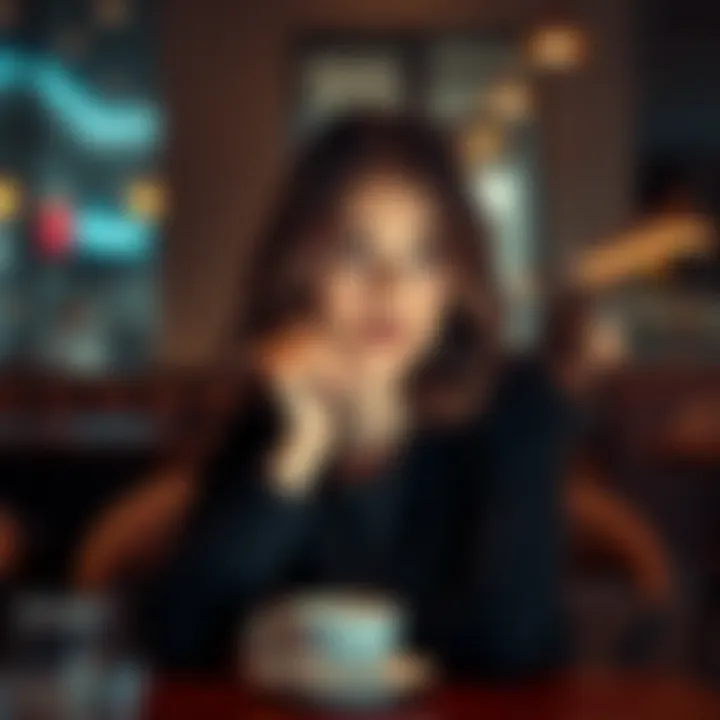 A woman sits in a café, looking thoughtfully at her coffee, symbolizing contemplation of her name and identity.
