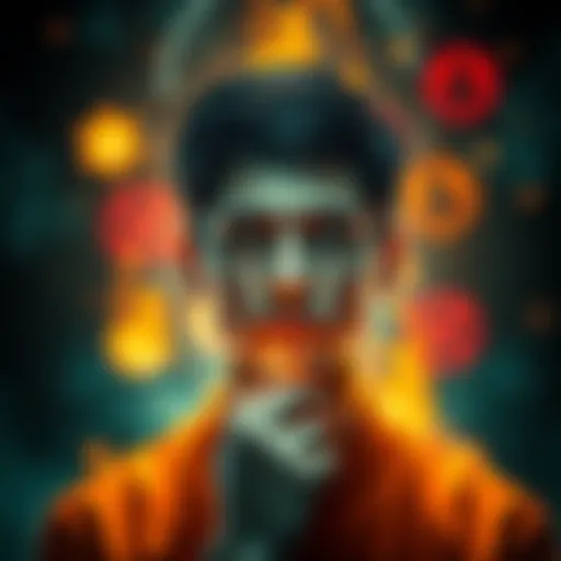 A person reflecting on their actions with a thoughtful expression, surrounded by symbols of positive and negative influences, like light and darkness.