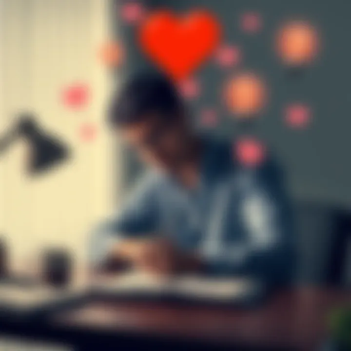 A person sitting at a desk, thoughtfully writing in a journal while surrounded by floating icons representing thoughts and desires like hearts and light bulbs.