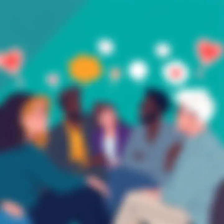 A group of diverse people sitting together, sharing their thoughts and feelings in a friendly conversation, with thought bubbles illustrated above their heads.