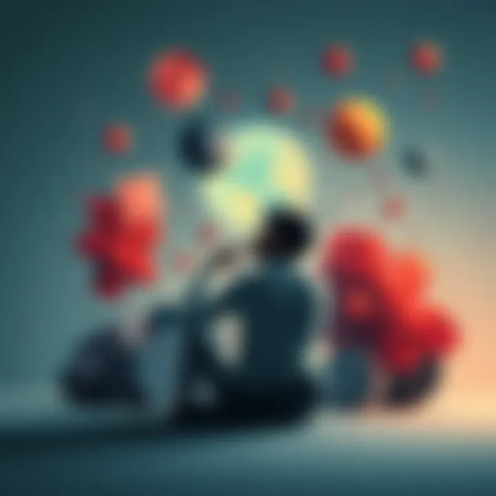 A person sitting alone with a thoughtful expression, surrounded by abstract shapes representing inner thoughts and emotions, symbolizing self-reflection.