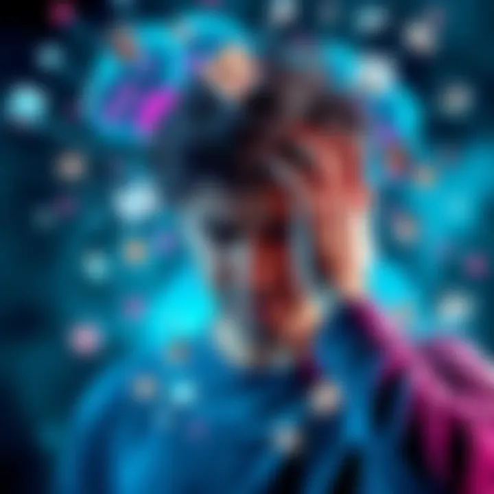 A person holding their head, looking frustrated as thoughts represented by swirling lines and broken images float around them, symbolizing mental hurdles.