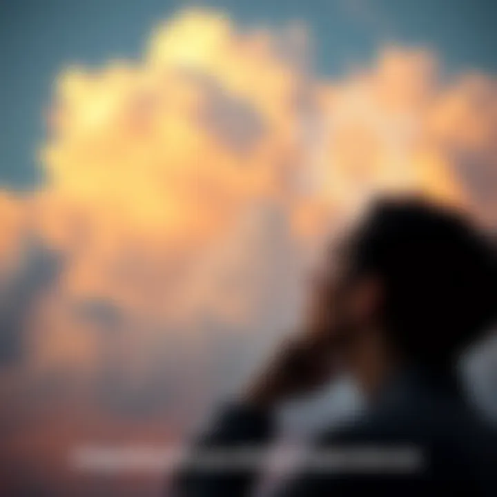 Thoughts and Events Connection A person contemplating as they experience a sudden thought that aligns with an upcoming event, with a cloudy sky in the background.