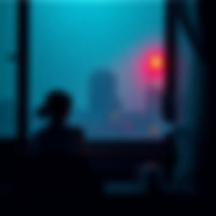 A person sitting alone, deep in thought, staring out a window as rain falls.