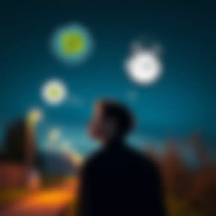 A person standing outside, looking contemplative with thought bubbles above their head filled with symbols of coincidence, like a four-leaf clover and a clock showing the same time as on a calendar.