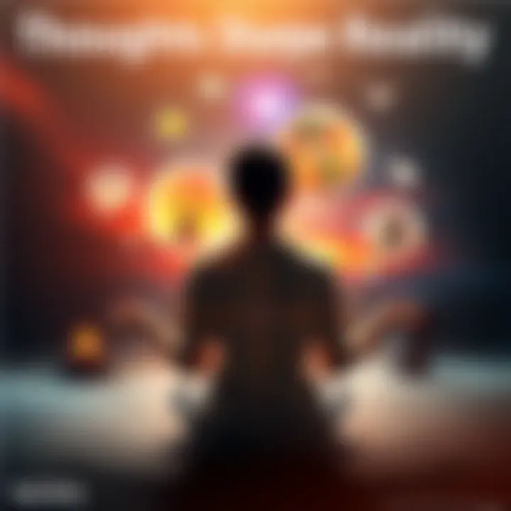 Thoughts Shaping Reality A person meditating with thought bubbles showing positive imagery around them, symbolizing visualization practices.