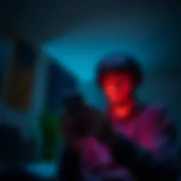 A worried individual reading a threatening message on their phone, looking fearful in a dimly lit room