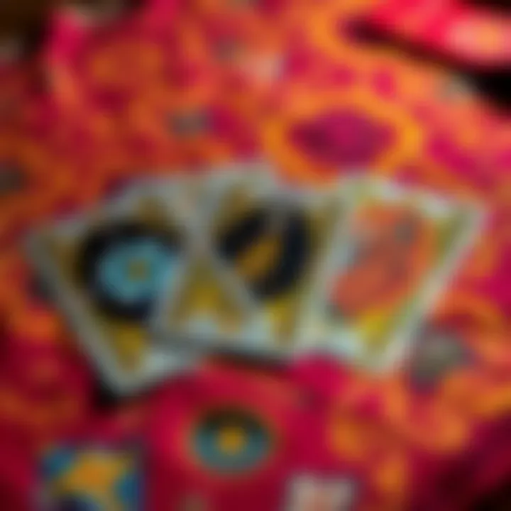 A tarot card spread with three cards laid out on a colorful cloth, inviting participants to engage for a reading.
