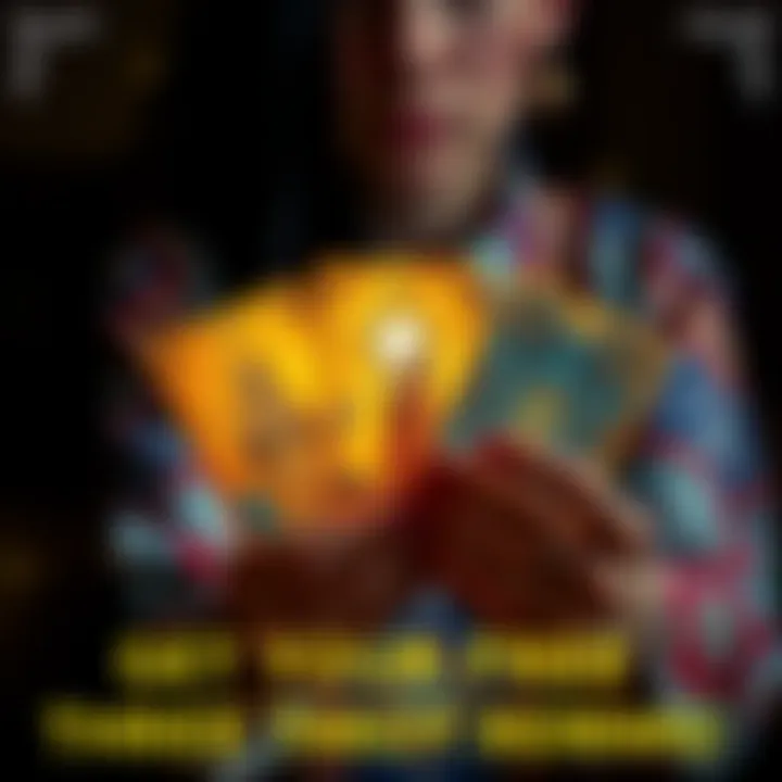 A person holding three tarot cards with mystical designs, offering a free tarot reading.