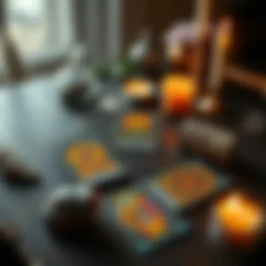A table with three tarot cards laid out, surrounded by crystals and candles
