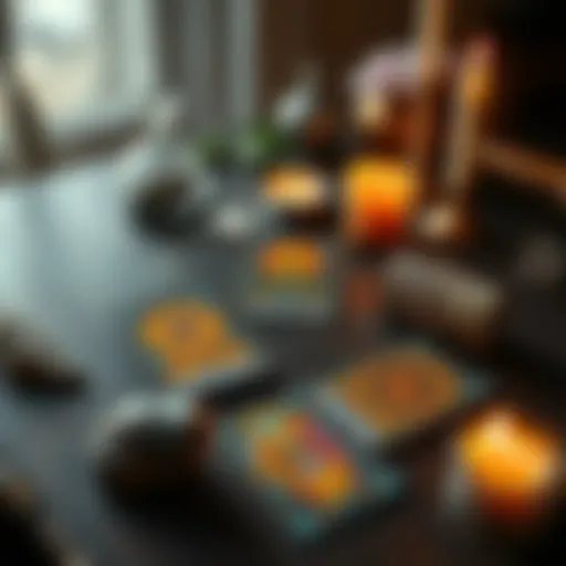A table with three tarot cards laid out, surrounded by crystals and candles