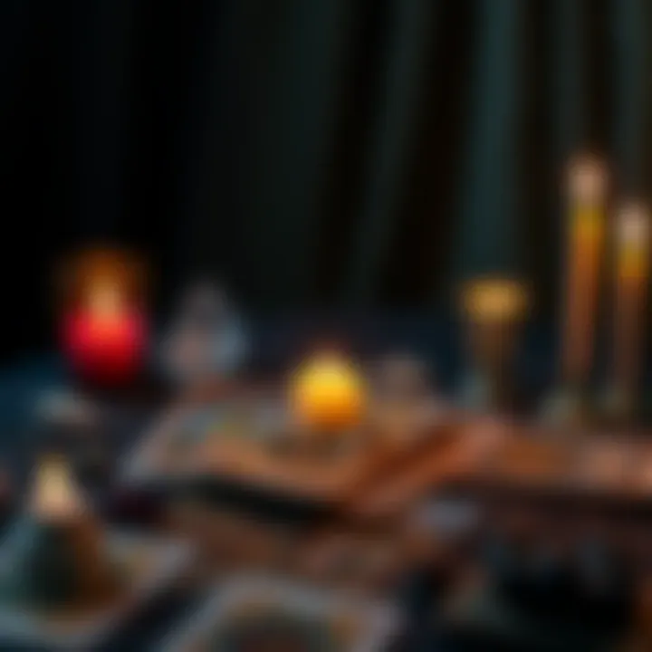 Tarot cards displayed on a table with candles and crystals