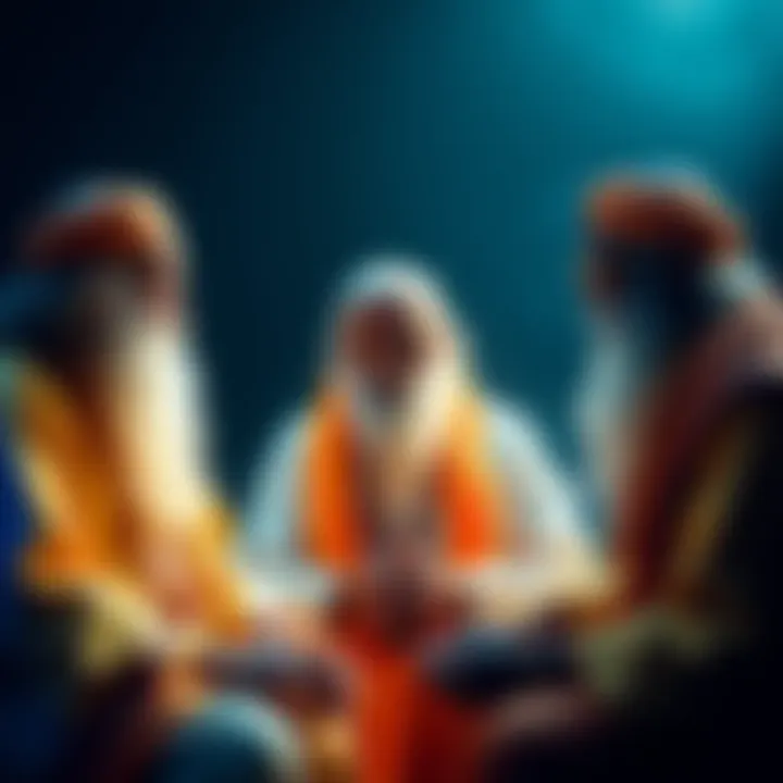 A representation of Osho, Sadhguru, and Baba Ramdev in a lively discussion about spirituality and yoga.