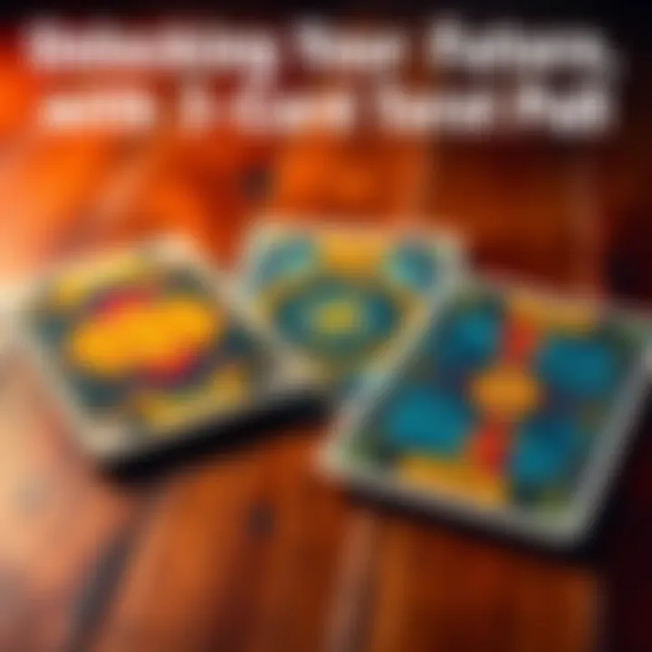A close-up of three tarot cards laid out on a wooden table, with soft lighting illuminating their colorful designs, inviting viewers to a tarot reading experience.