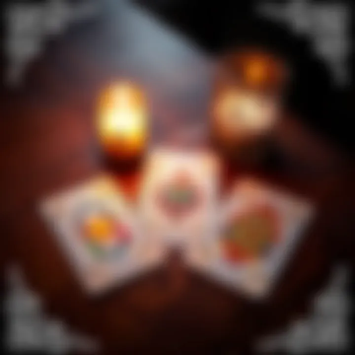 Three tarot cards laid out on a wooden table with a lit candle beside them, inviting a personal reading.