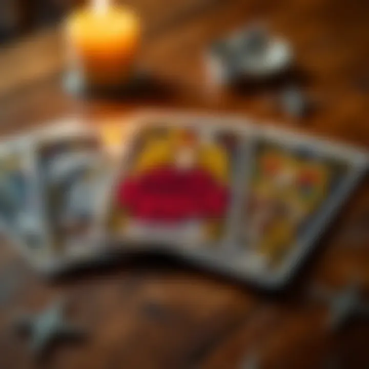 A close-up of three tarot cards laid out on a wooden table, symbolizing relationship readings and insights.