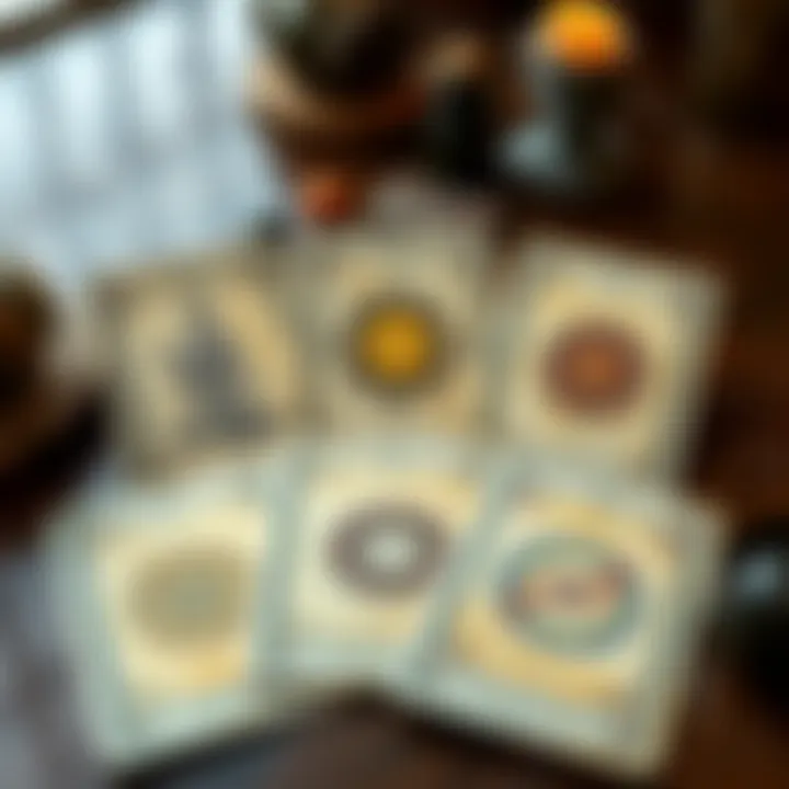 A table showing three tarot cards with mystical symbols, ready for a reading.