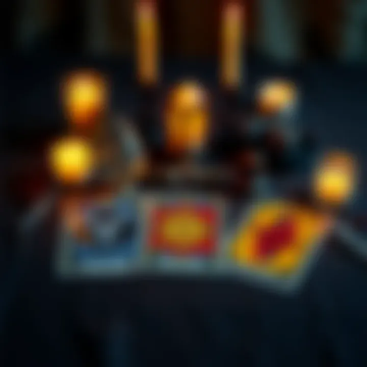Three tarot cards laid out on a table with a crystal and candles, offering insights and guidance