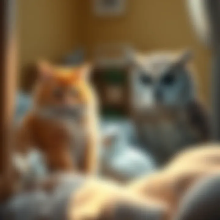 A fluffy orange cat, a calm dove, and a large owl gathered in a cozy home setting, symbolizing a dream interpretation.