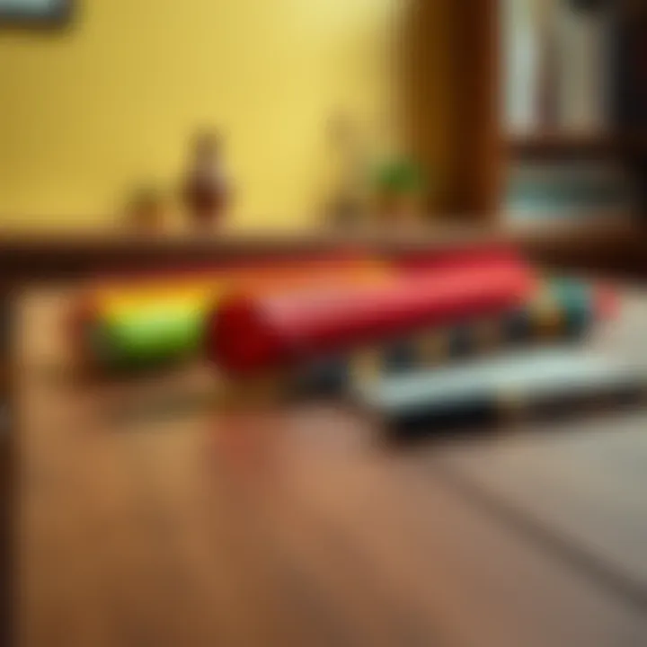 A close-up view of three colorful backscratchers lying on a wooden table with a curious expression nearby.