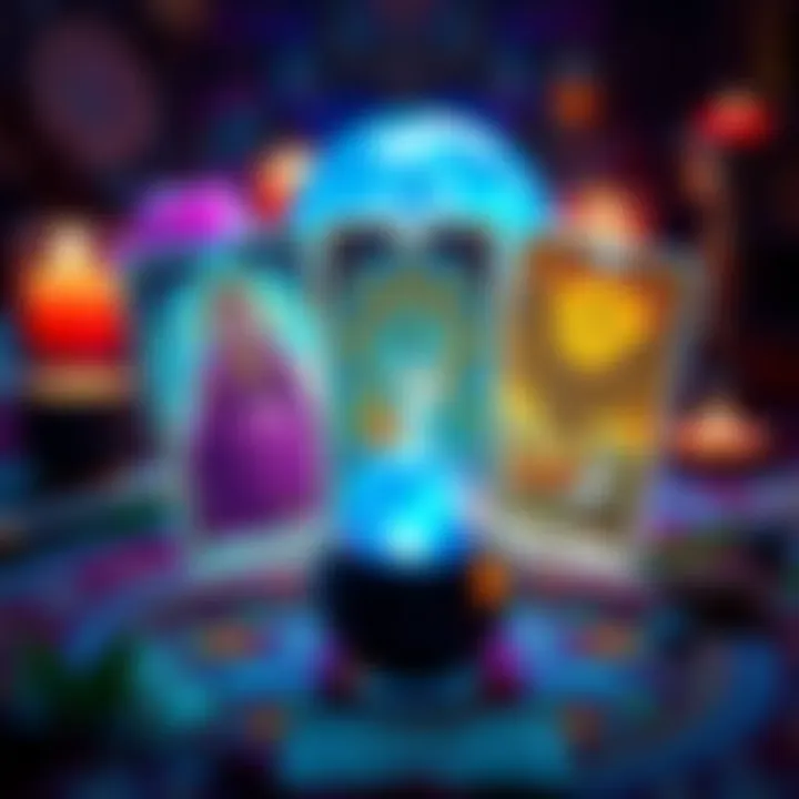 A colorful tarot card spread featuring three cards, symbolizing guidance and insight, with a crystal ball and mystical elements in the background.