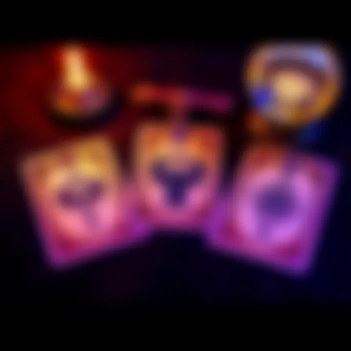 A tarot card spread featuring three cards laid out on a table with mystical symbols and a crystal ball nearby