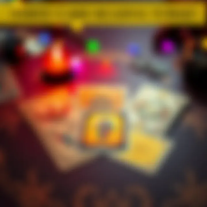 A tarot card spread showing three cards laid out on a table with mystical symbols and colors around them.