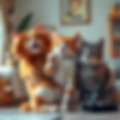 A Leo cat showing off, an Aries cat playfully cuddling, and an Aquarius cat sitting aloof, all in a cozy home setting.