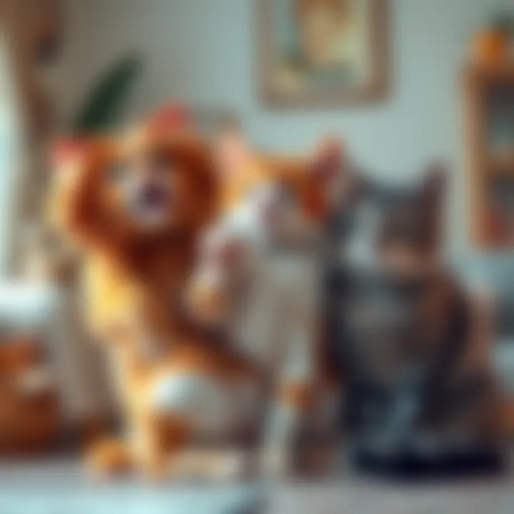 A Leo cat showing off, an Aries cat playfully cuddling, and an Aquarius cat sitting aloof, all in a cozy home setting.