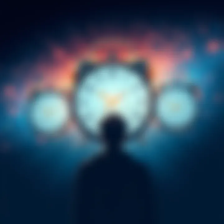 Illustration showing three clocks representing consciousness, body, and device time with a person observing them.