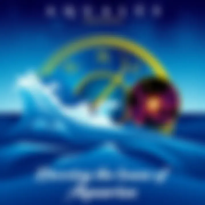 An illustration showing the three decans of Aquarius, each represented by unique symbols and colors. The first decan features bright blue waves, the second has a starry night, and the third displays a...