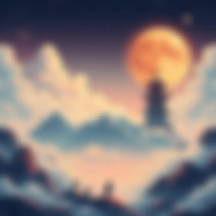 Illustration of the Three Huns representing Heaven, Earth, and Humanity in Taoism, with symbolic elements like clouds for Heaven, mountains for Earth, and people for Humanity.