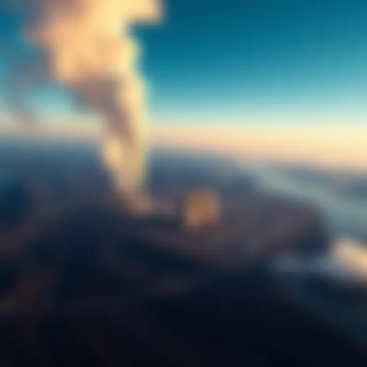 Aerial view of the Three Mile Island nuclear power plant with smoke rising and surrounding areas showing signs of distress.