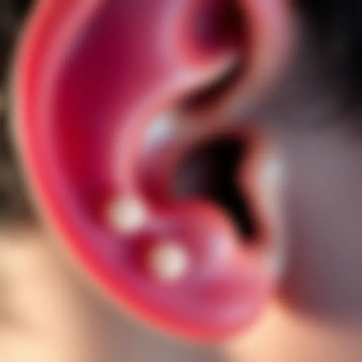 Close-up view of an ear with three moles arranged in a straight line
