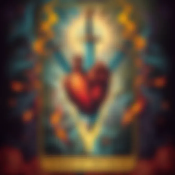 Three of Swords Tarot Card Illustration of the Three of Swords Tarot card showing a heart pierced by three swords, symbolizing heartache and potential growth.