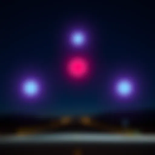 Three bright orbs positioned in a triangle shape over Beatty, NV at night