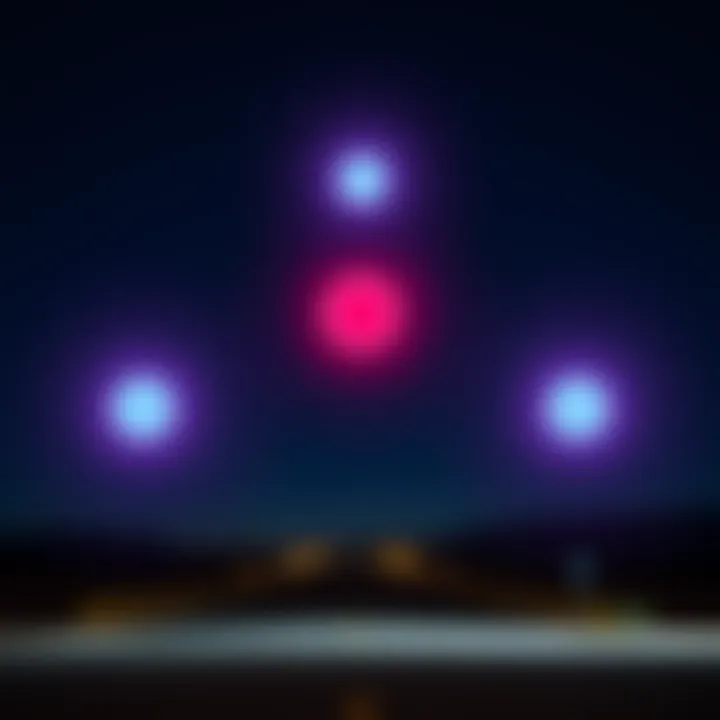 Three bright orbs positioned in a triangle shape over Beatty, NV at night