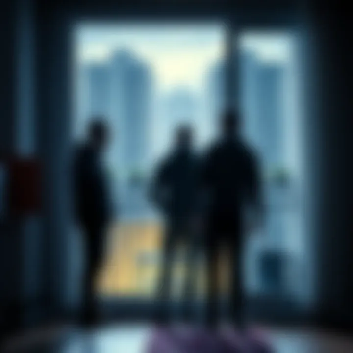Three People Standing Still Three figures standing motionless outside an apartment window at night, creating an eerie atmosphere.