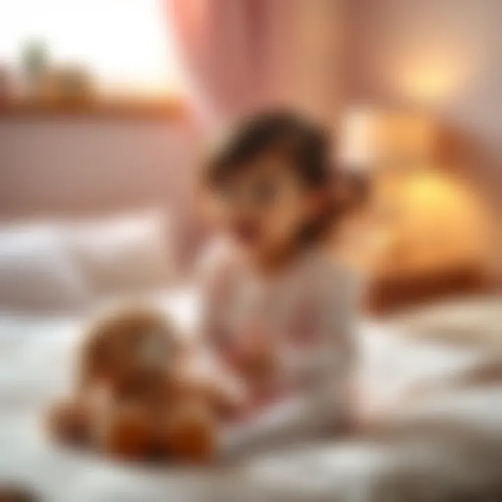 A young girl sitting on a bed, talking animatedly about her twin sister, with a soft toy beside her, looking thoughtful and curious.