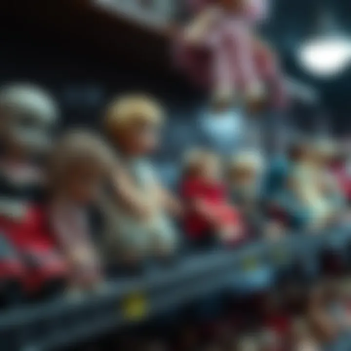 Thrift store dolls on a shelf A collection of vintage dolls displayed on a thrift store shelf, some appearing worn and spooky, with dim lighting