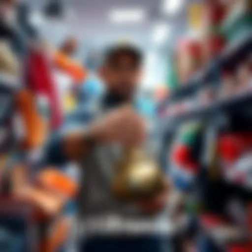 A store employee holds a heavy object that may be bronze while surrounded by thrift store items