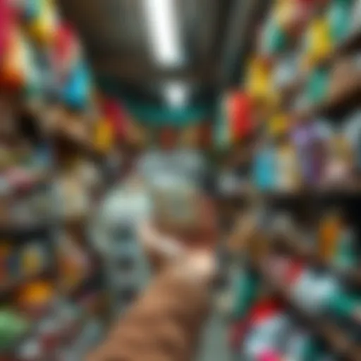A person holds a vintage item found at a thrift store, surrounded by various colorful goods on shelves.