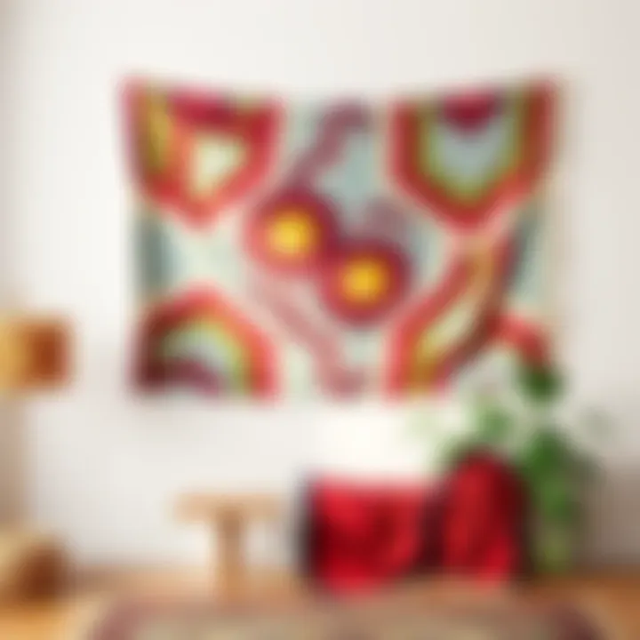 A colorful thrifted tapestry hanging on a wall, brightening the room's decor with its unique design.