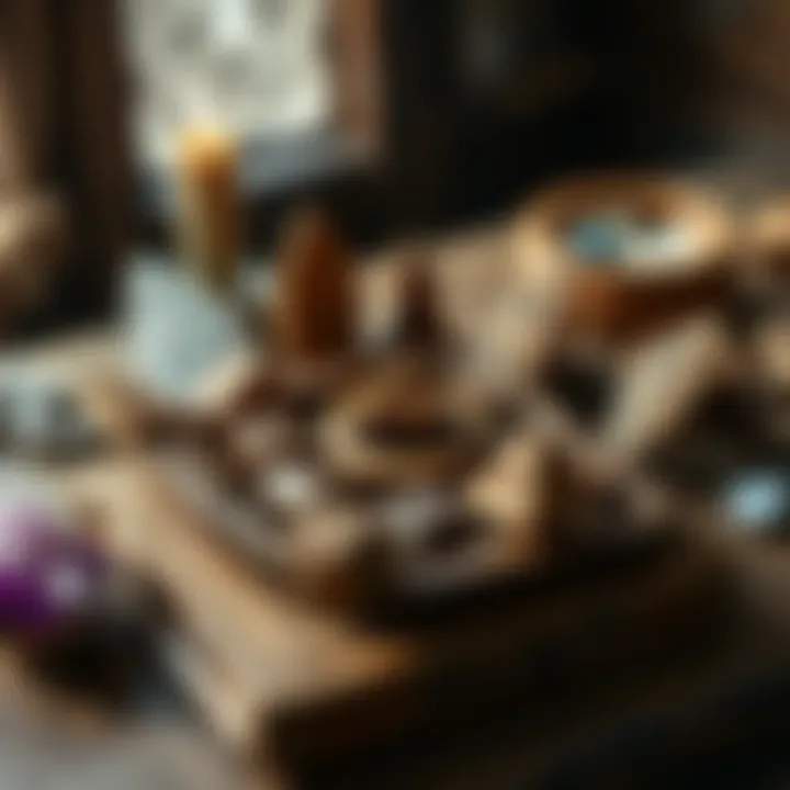 Thrifted Wooden Runes A collection of wooden runes placed on a rustic table, surrounded by crystals and a cleansing bowl.