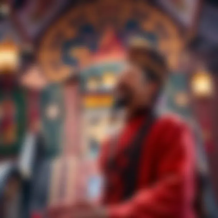 A person practicing throat singing while chanting a mantra, surrounded by Tibetan Buddhist symbols and a peaceful atmosphere.