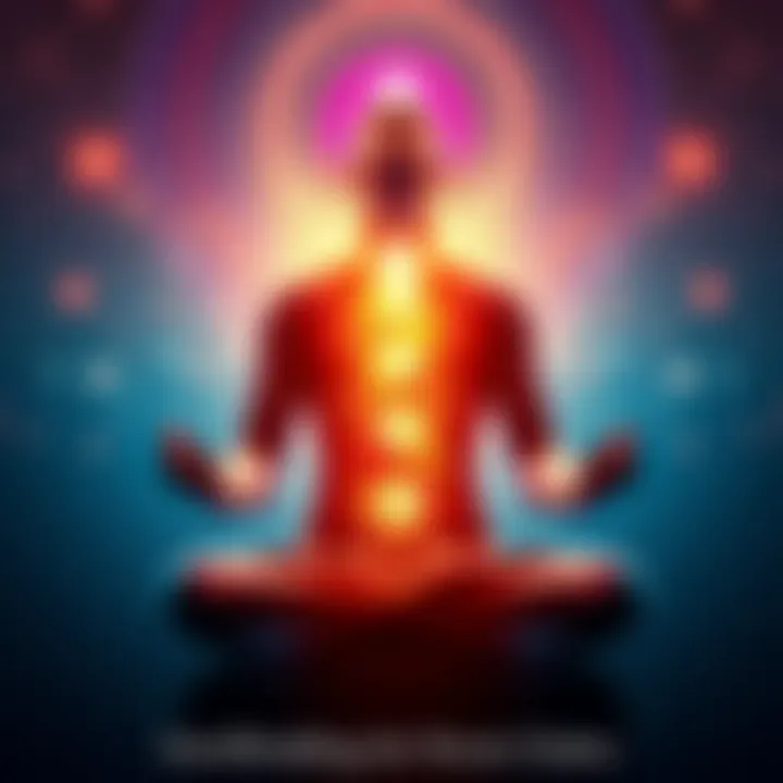 A serene figure meditating with vibrant energy surrounding the throat area, symbolizing chakra balance and emotional healing.